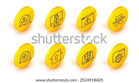 Set line Document folder protection, Laptop protected with shield, House under, Check mark in speech bubble, Incognito mode, Browser exclamation, Lock monitor and Exclamation triangle icon. Vector