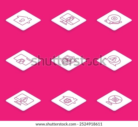 Set line House under protection, Lock monitor, Ringing alarm bell, Folder and lock, Incognito mode, Exclamation mark triangle, Monitor with exclamation and  icon. Vector