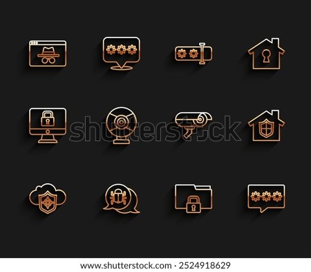 Set line Cloud and shield, System bug, Browser incognito window, Folder lock, Password protection, Security camera, House under and  icon. Vector