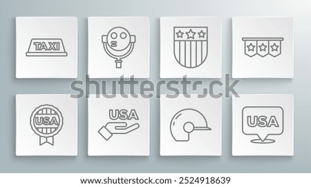 Set line Medal with star, Tourist binoculars, USA Independence day, Baseball helmet, Shield stars, Carnival garland flags and Taxi car roof icon. Vector