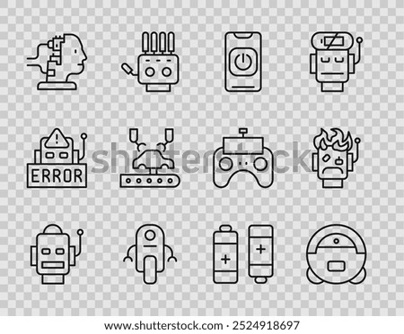 Set line Robot, vacuum cleaner, Turn off robot from phone, for maintenance, Robotic arm factory, Battery and burned out icon. Vector