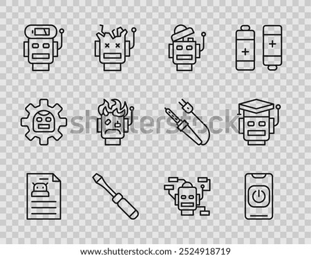 Set line Technical specification, Turn off robot from phone, Robot, Screwdriver, low battery charge, burned out,  and  icon. Vector