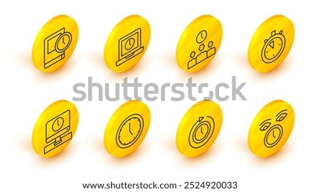 Set line Clock, with arrow, Monitor time, Stopwatch, Time Management, Laptop and for book icon. Vector