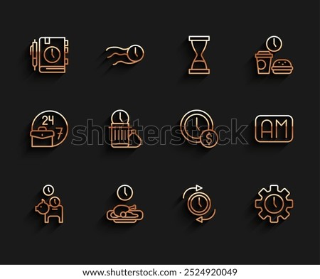 Set line Piggy bank with coin, Food time, Daily paper notepad, Clock arrow, Time Management, Waste of, Morning and is money icon. Vector