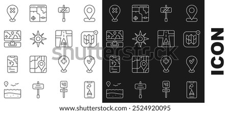 Set line City map navigation, Location with check mark, Infographic of city, Road traffic sign, Wind rose, Monitor location marker, cross and Gps device icon. Vector