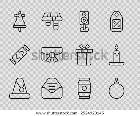 Set line Christmas Santa Claus hat, ball, Stereo speaker, party invitation card, Merry ringing bell, postcard, Beer can and Burning candle icon. Vector