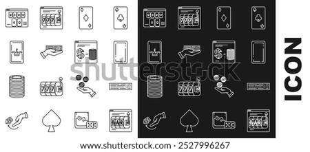 Set line Online slot machine, Deck of playing cards, Playing back, with diamonds symbol, Hand holding deck, Joker, poker table game and casino chips exchange stacks dollars icon. Vector