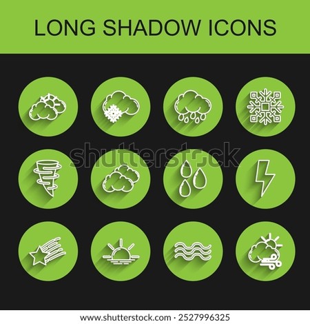 Set line Falling star, Sunrise, and cloud weather, Waves, Windy, Cloud, Lightning bolt and Water drop icon. Vector