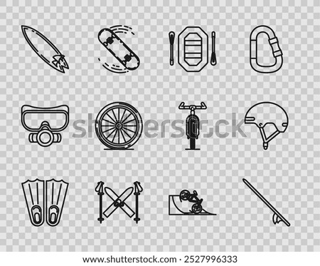 Set line Rubber flippers for swimming, Surfboard, Rafting boat, Ski and sticks, Bicycle wheel, on street ramp and Helmet icon. Vector