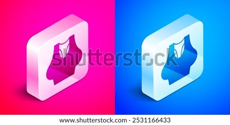 Isometric Undershirt icon isolated on pink and blue background. Silver square button. Vector