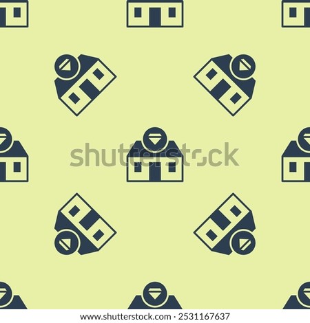 Blue Front facade building jewelry store icon isolated seamless pattern on yellow background.  Vector