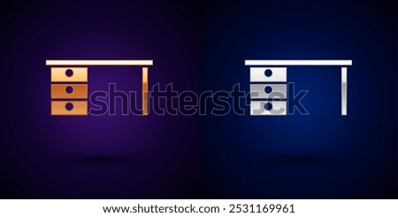 Gold and silver Office desk icon isolated on black background.  Vector