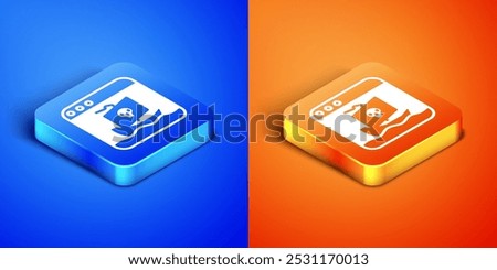 Isometric Internet piracy icon isolated on blue and orange background. Online piracy. Cyberspace crime with file download and movies sharing. Square button. Vector