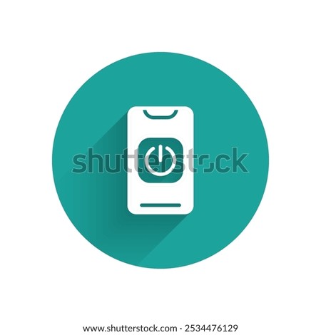 White Turn off robot from phone icon isolated with long shadow. Green circle button. Vector