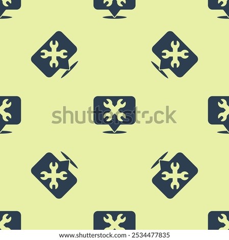 Blue Location with wrench spanner icon isolated seamless pattern on yellow background. Adjusting, service, setting, maintenance, repair, fixing.  Vector