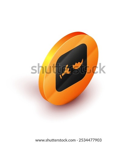 Isometric Broken test tube and flask chemical laboratory test icon isolated on white background. Laboratory glassware sign. Orange circle button. Vector