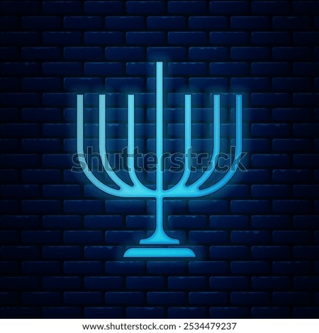 Glowing neon Hanukkah menorah icon isolated on brick wall background. Hanukkah traditional symbol. Holiday religion, jewish festival of Lights.  Vector