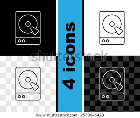 Set line Hard disk drive HDD icon isolated on black and white, transparent background.  Vector