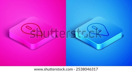 Isometric line Map pointer with exclamation mark icon isolated on pink and blue background. Hazard warning sign, careful, attention, danger warning important sign. Square button. Vector