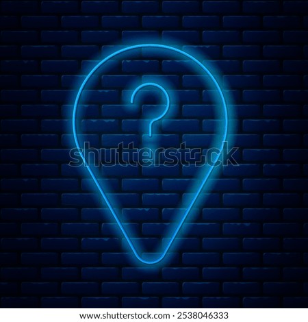 Glowing neon line Unknown route point icon isolated on brick wall background. Navigation, pointer, location, map, gps, direction, search concept.  Vector