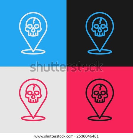 Pop art line Location pirate icon isolated on color background.  Vector