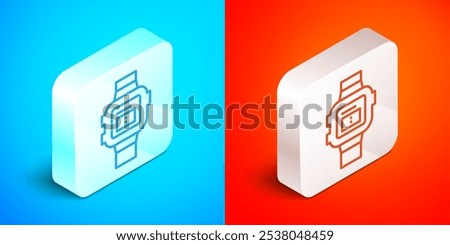 Isometric line Wrist watch icon isolated on blue and red background. Wristwatch icon. Silver square button. Vector