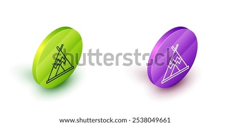 Isometric line Traditional indian teepee or wigwam icon isolated on white background. Indian tent. Green and purple circle buttons. Vector