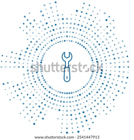 Blue line Wrench spanner icon isolated on white background. Abstract circle random dots. Vector