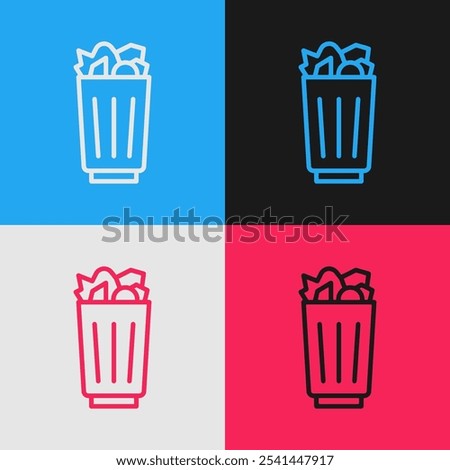 Pop art line Full trash can icon isolated on color background. Garbage bin sign. Recycle basket icon. Office trash icon.  Vector