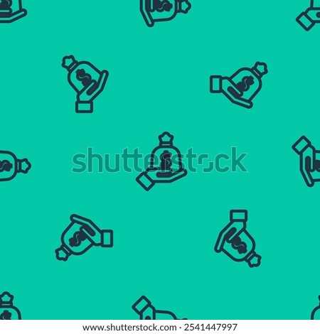 Blue line Hand holding money bag icon isolated seamless pattern on green background. Dollar or USD symbol. Cash Banking currency sign.  Vector