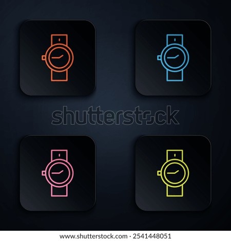 Color neon line Wrist watch icon isolated on black background. Wristwatch icon. Set icons in square buttons. Vector