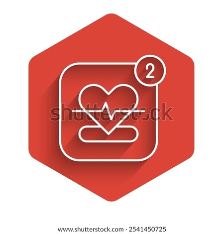 White line Smartphone with heart rate monitor function icon isolated with long shadow. Red hexagon button. Vector