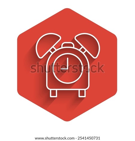 White line Alarm clock icon isolated with long shadow. Wake up, get up concept. Time sign. Red hexagon button. Vector