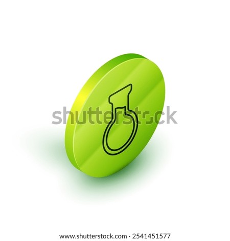 Isometric line Test tube and flask icon isolated on white background. Chemical laboratory test. Laboratory glassware. Green circle button. Vector