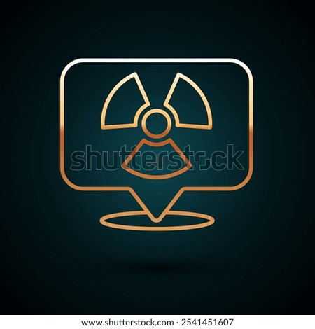 Gold line Radioactive in location icon isolated on dark blue background. Radioactive toxic symbol. Radiation Hazard sign.  Vector