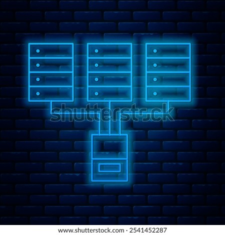 Glowing neon line Server, Data, Web Hosting icon isolated on brick wall background.  Vector Illustration