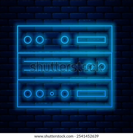 Glowing neon line Server, Data, Web Hosting icon isolated on brick wall background.  Vector Illustration