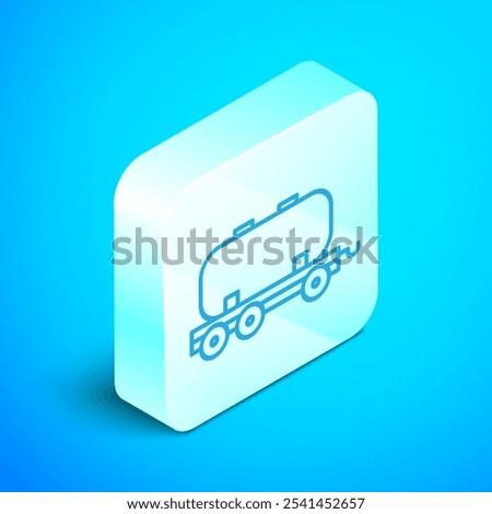 Isometric line Oil railway cistern icon isolated on blue background. Train oil tank on railway car. Rail freight. Oil industry. Silver square button. Vector Illustration