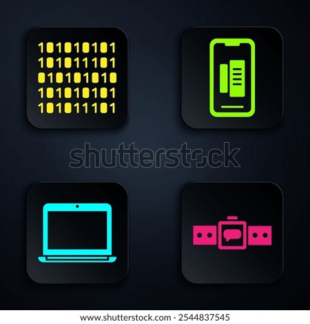 Set Smartwatch, Binary code, Laptop and Smartphone, mobile phone. Black square button. Vector