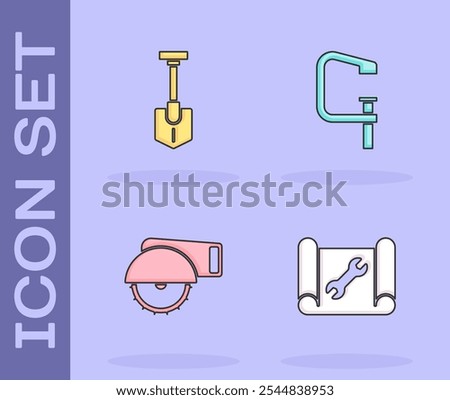 Set Graphing paper and wrench, Shovel, Electric circular saw and Clamp screw tool icon. Vector