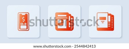 Set Stock market news, Mobile with dollar and Office folders. White square button. Vector