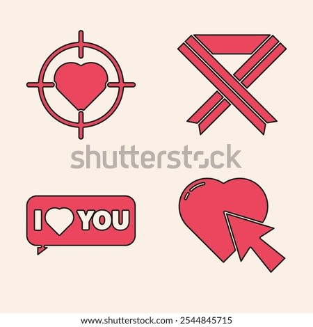 Set Heart and cursor click, Heart in the center of target aim, Breast cancer awareness ribbon and Speech bubble with I love you icon. Vector