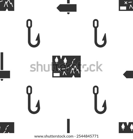 Set Road traffic signpost, Folded map with location and Fishing hook on seamless pattern. Vector