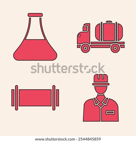 Set Oilman, Oil petrol test tube, Tanker truck and Industry pipe icon. Vector