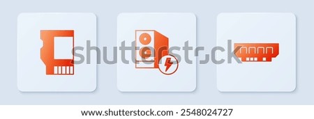 Set Case of computer, SD card and RAM, random access memory. White square button. Vector