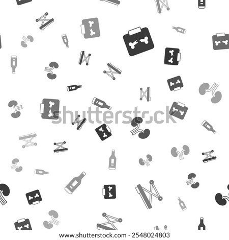 Set X-ray shots with broken bone, Stretcher, Human kidneys and Digital thermometer on seamless pattern. Vector