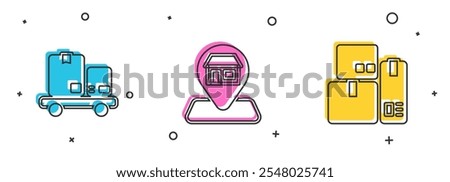 Set Hand truck and boxes, Location Market store and Cash register machine icon. Vector