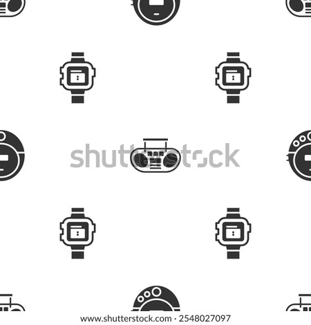 Set Music CD player, Home stereo with two speakers and Wrist watch on seamless pattern. Vector