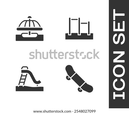 Set Skateboard trick, Attraction carousel, Kid slide and Horizontal bar icon. Vector