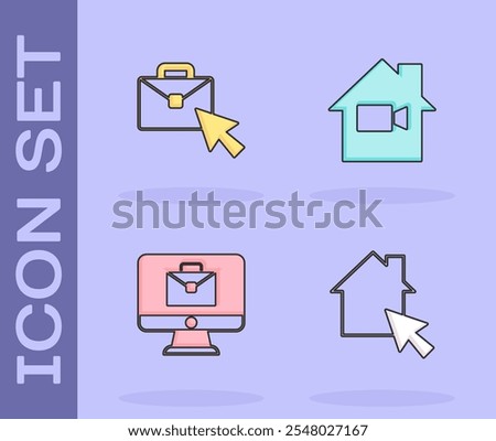 Set Online working, ,  and Video camera Off home icon. Vector